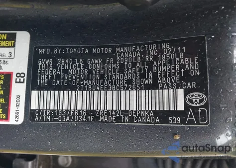 2011 Toyota Corolla Le из США, поврежденный, VIN 2T1BU4EE3BC572651